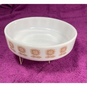 1960s 8" Footed Round Federal Milk Glass Brown Sunflower Bowl